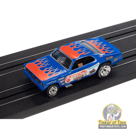 4Gear 1972 Plymouth Duster Funny Car Tom “The Mongoose” McEwen (Blue with Flames) 2 | SC376 | Auto World — on-track view