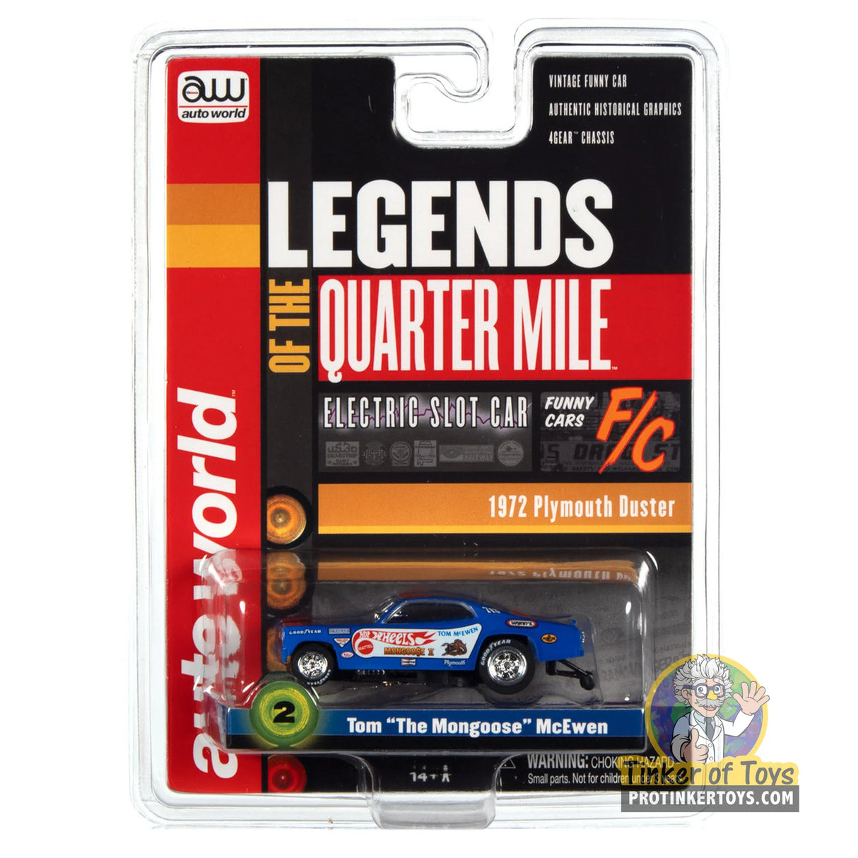 4Gear 1972 Plymouth Duster Funny Car Tom “The Mongoose” McEwen (Blue with Flames) 2 | SC376 | Auto World — package view