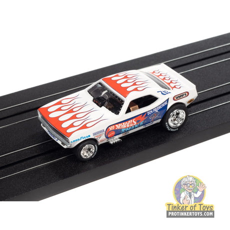 4Gear 1972 Plymouth Cuda Funny Car Don “The Snake” Prudhomme/Snake II (White with Flames) 3 | SC376 | Auto World — on-track view