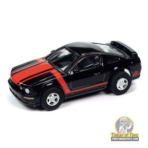 Black Ford Mustang GT toy car with red racing stripes for Auto World SC383
