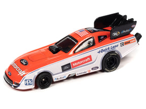 Orange and white slot car of a drag racing Funny Car for Auto World SC389, front view