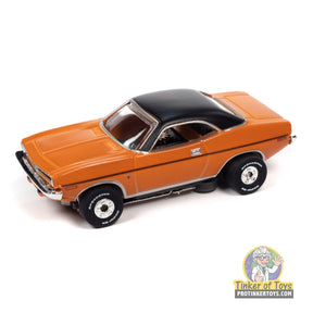 Orange 1970 Plymouth Barracuda Gran Coupe slot car for Auto World SC390, front view