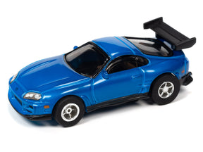 Blue sports car model with large rear wing on white background for Auto World SC391