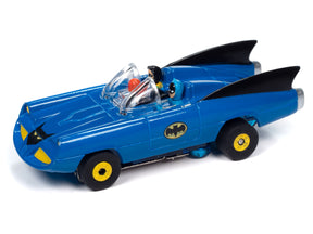 Blue toy car resembling the Batmobile, viewed from the side for Auto World SC395