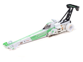 Green and white slot car dragster with black wheels and rear spoiler for Auto World SC398