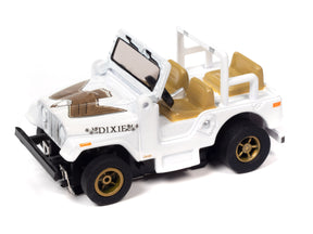 White slot car of a classic Jeep with tan interior for Auto World SC401
