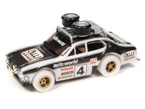 Black and white slot car race car toy with "auto world" branding for SC403