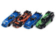 Four slot car NHRA Funny Car race cars in blue, orange, blue, and green for Auto World SC405