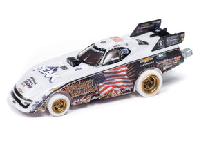 Slot car of a drag racing Funny Car, featuring American flag graphics for Auto World SC405