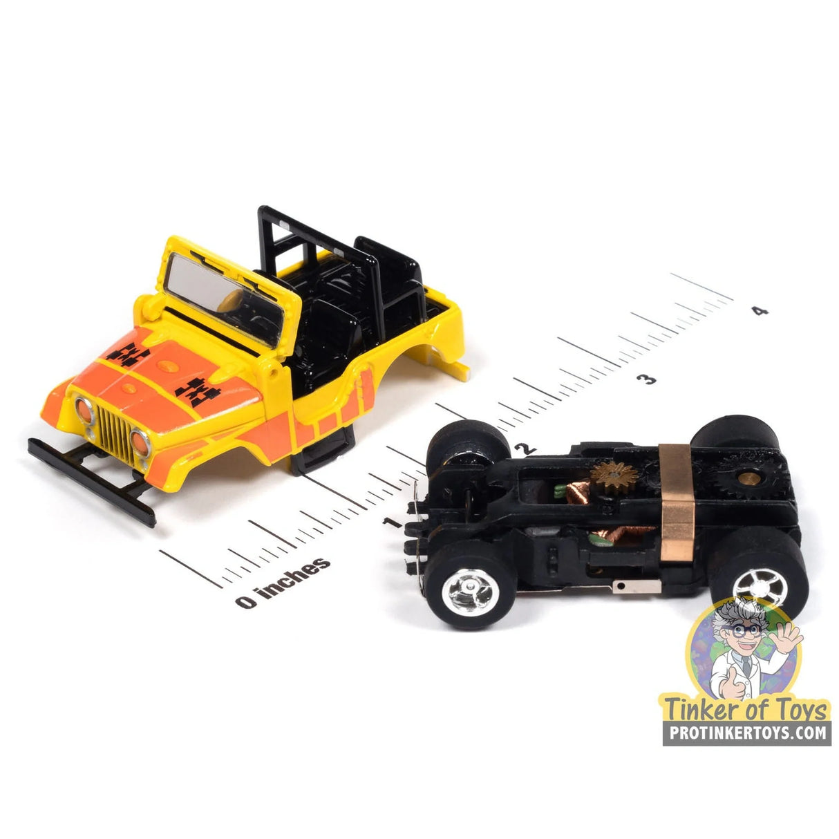 Xtraction 1979 Jeep CJ-7 (Yellow with Orange 4x4 Graphics) 2A | SC407 | Auto World — chassis and scale view