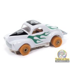 White and green toy car with racing decals, viewed from the side for Auto World SC408