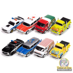 Set of 8 slot car toy emergency vehicles: police, ambulance, fire, and more for Auto World SC414