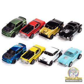 Set of 8 slot cars: green, red, gold, black, blue, yellow, white, and light blue for Auto World SC417