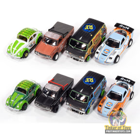 Set of 8 slot cars: green, brown, black, yellow, and blue models for Auto World SC418