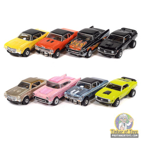 All eight Auto World SC434 Thunderjet Greatest Hits HO slot cars, Version A above Version B, outside packaging