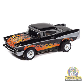 Auto World SC434 3A Thunderjet 1957 Chevrolet Bel Air Lowrider in black with flames, loose HO slot car