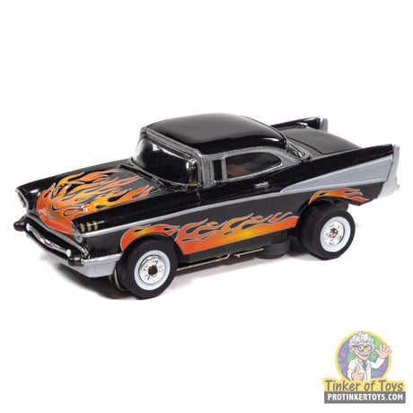Auto World SC434 3A Thunderjet 1957 Chevrolet Bel Air Lowrider in black with flames, loose HO slot car