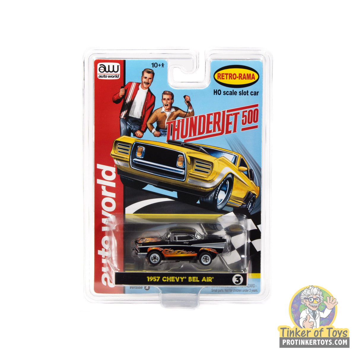 Auto World SC434 3A Thunderjet 1957 Chevrolet Bel Air Lowrider in black with flames, HO slot car in original retail packaging