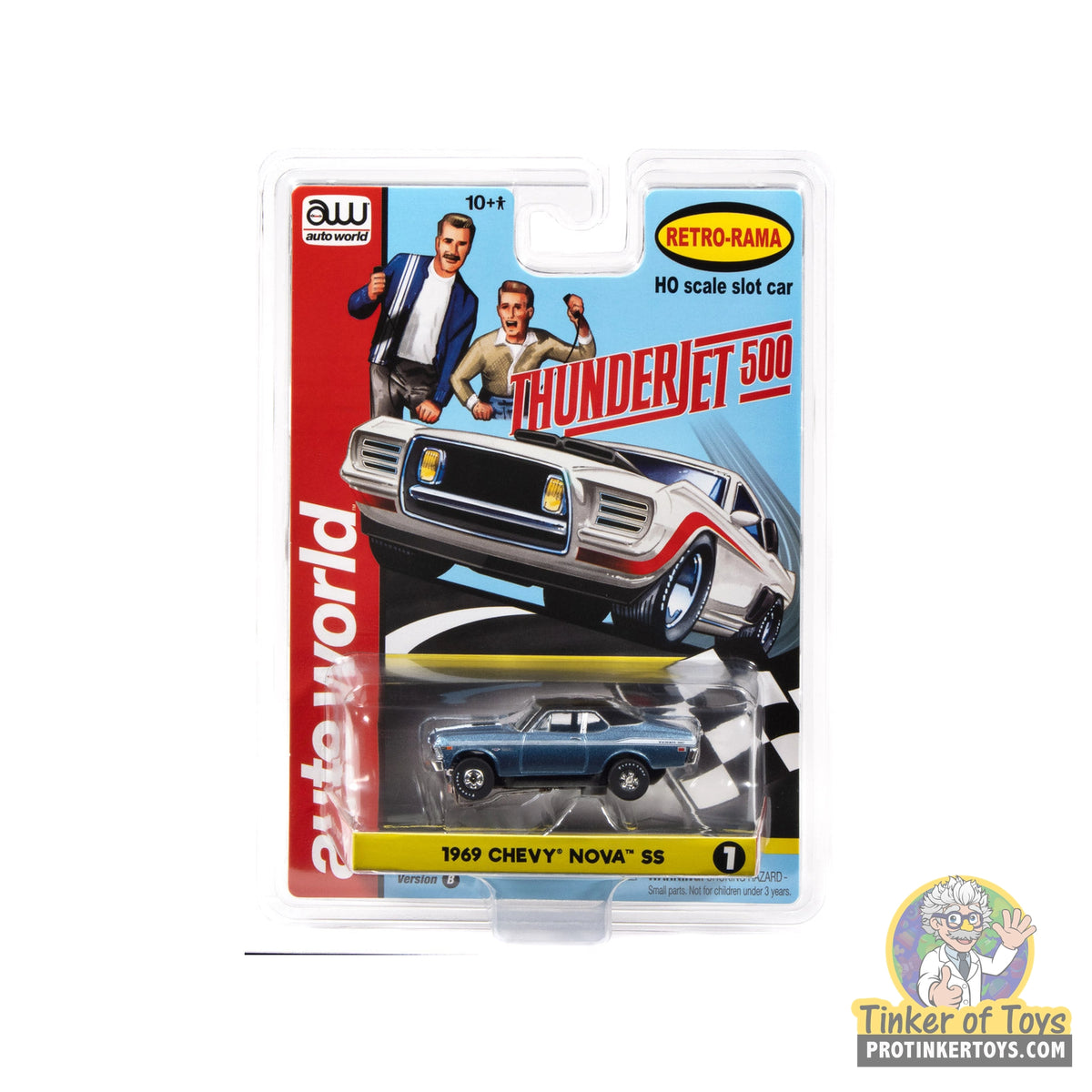 Auto World SC434 1B Thunderjet 1969 Chevy Nova in metallic blue, HO slot car in original retail packaging
