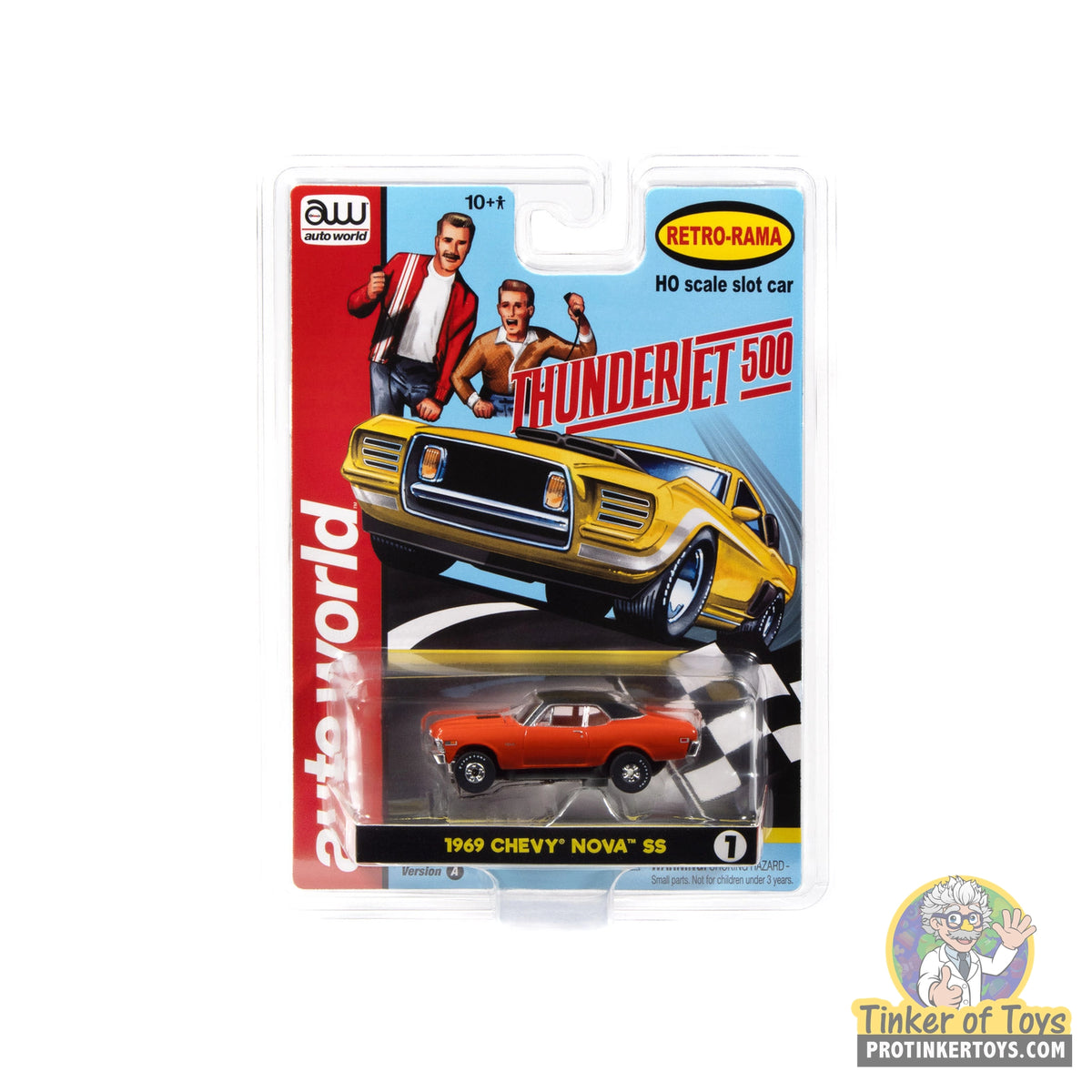 Auto World SC434 1A Thunderjet 1969 Chevy Nova in orange with black roof, HO slot car in original retail packaging