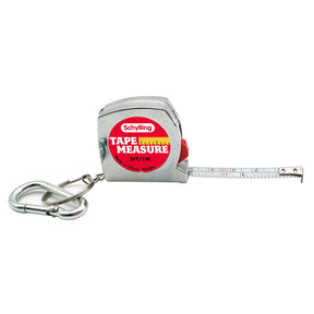 A small tape measure labeled "Schylling Tape Measure" is shown with a metal carabiner attached. The tape is partially
