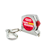 A small, silver tape measure with a carabiner attachment. The tape measure has a red and yellow label that reads "Schylling