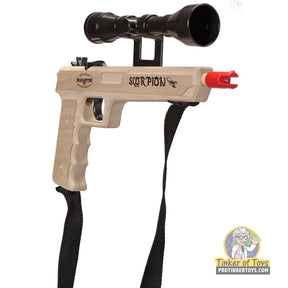 Toy rubber band gun with scope and red ammo, attached to a black sling for Magnum Rubber Band Guns GL2SCRPNSS