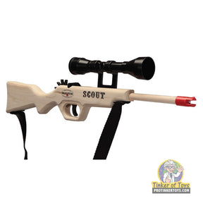 Wooden toy rifle with scope, sling, and yellow ammo for Magnum Rubber Band Guns GL2SCOUTSS
