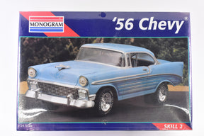 Blue 1956 Chevy Bel Air model kit on its box for Monogram