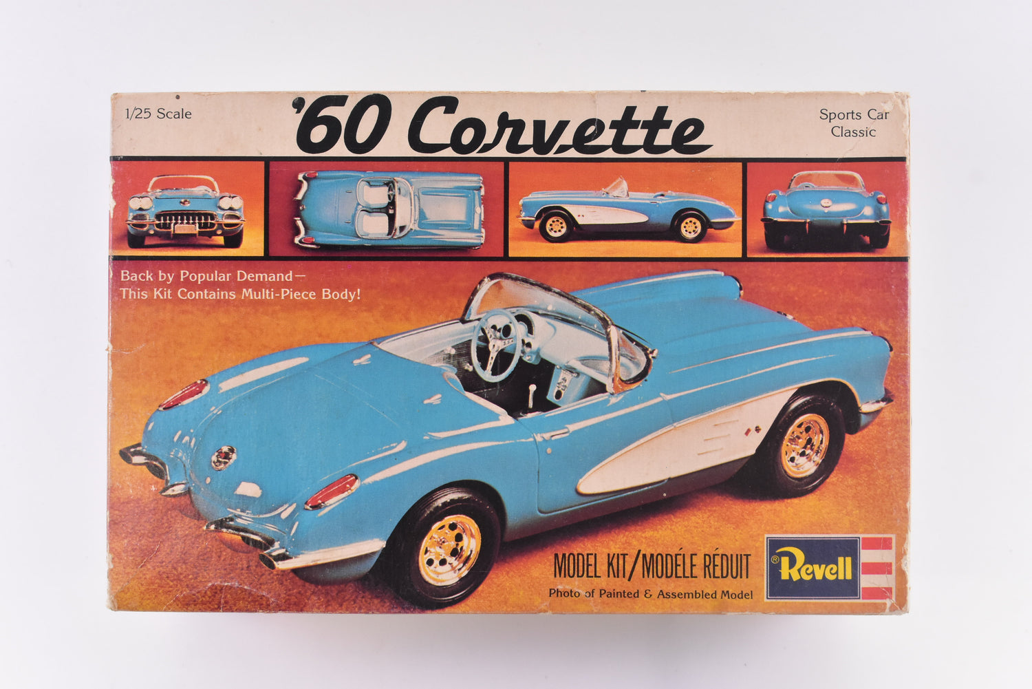 Blue 1960 Corvette model kit box art showing assembled car and views for Revell 1960 Corvette 1/25 Scale