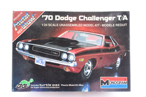 Box art for a 1/24 scale model kit of a 1970 Dodge Challenger T/A for Monogram 2214