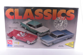 Three classic car model kits: 1957 Ford Fairlane, 1957 Thunderbird, and 1963 Ford Galaxie for AMT 8173