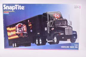 SnapTite box art showing a black Texaco Havoline race truck and trailer kit for Monogram 1091