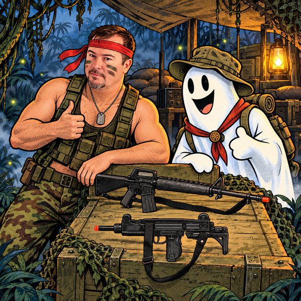 Adam in a commando Halloween costume beside a friendly ghost scout with Gonher toy rifles at a foggy jungle outpost.