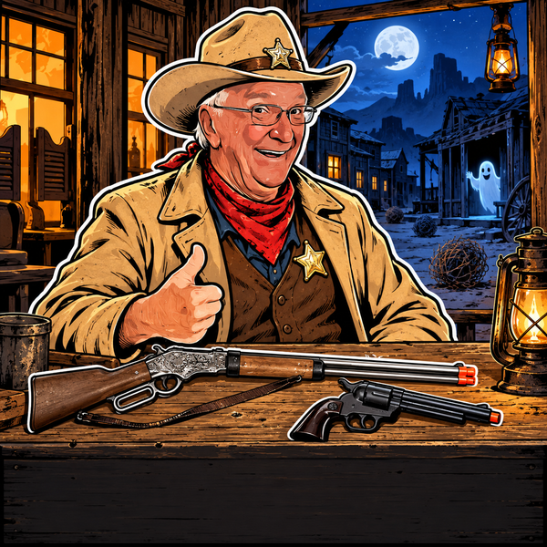 Bryan as a ghost-town sheriff with a Gonher toy lever-action rifle and cap revolver.