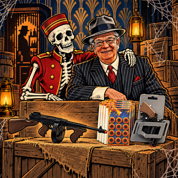 Uncle Tim in a pinstripe Halloween costume beside a skeleton bellhop with Gonher Tommy Gun toys and caps.