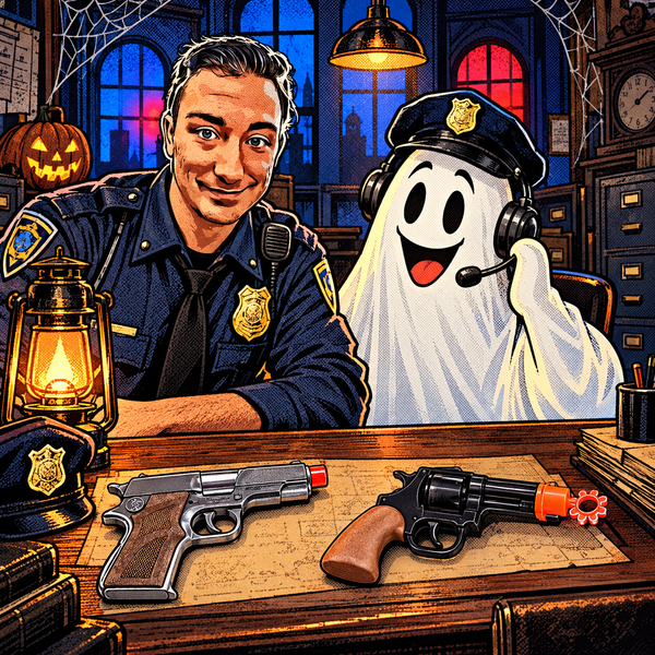 Corporate Ryan in a police costume with a friendly ghost dispatcher and two toy cap pistols in a spooky precinct.