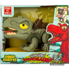 Green stegosaurus toy with yellow eyes next to a red dinosaur toy for King Me World IMX17205