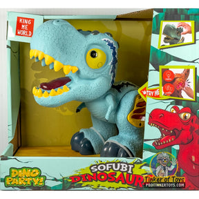 Blue cartoon raptor toy with lights and sounds, ready for play for King Me World IMX17209