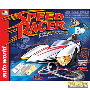 Speed Racer Mach 5 Mania electric slot car race set box art for Auto World SRS361