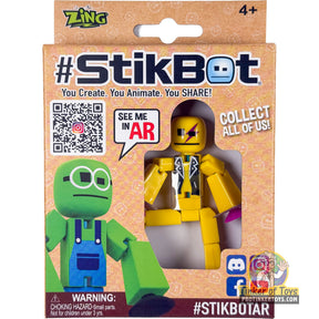 Yellow biker StikBot toy packaging with QR code and instructions for TST616