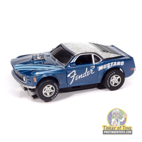 Blue slot car of a 1970 BOSS Mustang with a hood scoop for Auto World SC419