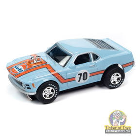 Blue and orange 1970 Ford Boss Mustang toy car with "Gulf" logo for Auto World SC383