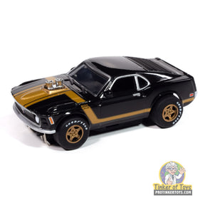 Black 1970 Ford Mustang slot car toy car with gold accents for Auto World SC413