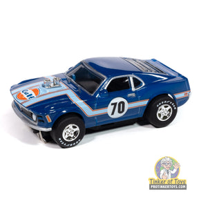 Blue 1970 Ford Mustang toy car with Gulf livery and number 70 for Auto World SC413, front view