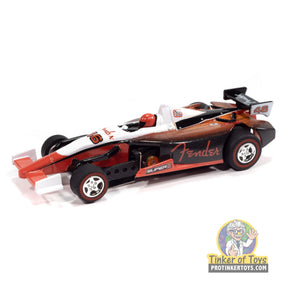 Red and white slot car of a Fender Indy Car race car for Auto World SC419