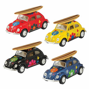 Three colorful diecast VW Beetles with surfboards: red, yellow, and black for Schylling DCCBS
