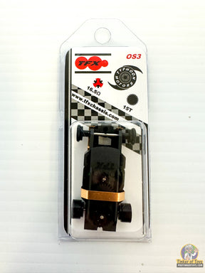 Black RC car chassis in clear plastic packaging with branding for TFX 16.5
