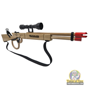 Wooden toy rifle with scope, sling, and blue ammo for imaginative play for Magnum Rubber Band Guns GL2TRLBLZRSS