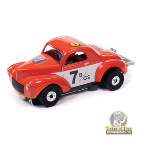 Red slot car of a 1941 Willys Coupe Gasser race car for Auto World SC408